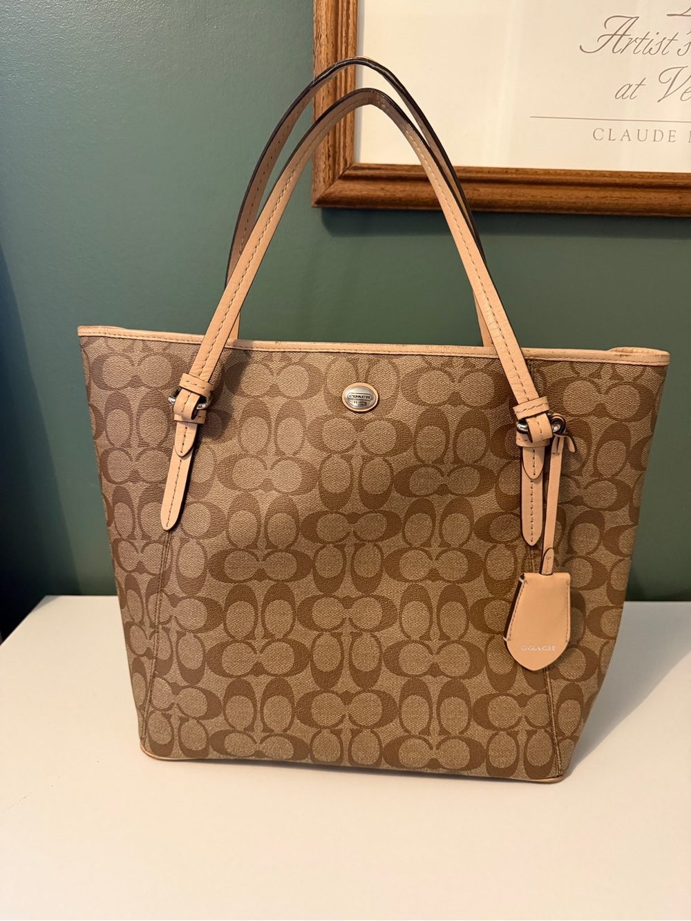 Coach Tan Signature Jacquard Tote with Light Beige Trim